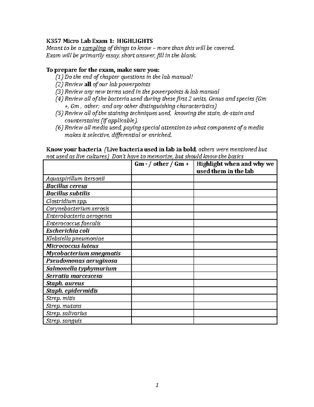 K357 Micro Lab Exam 1 Review SP19 KM K357 Micro Lab Exam 1