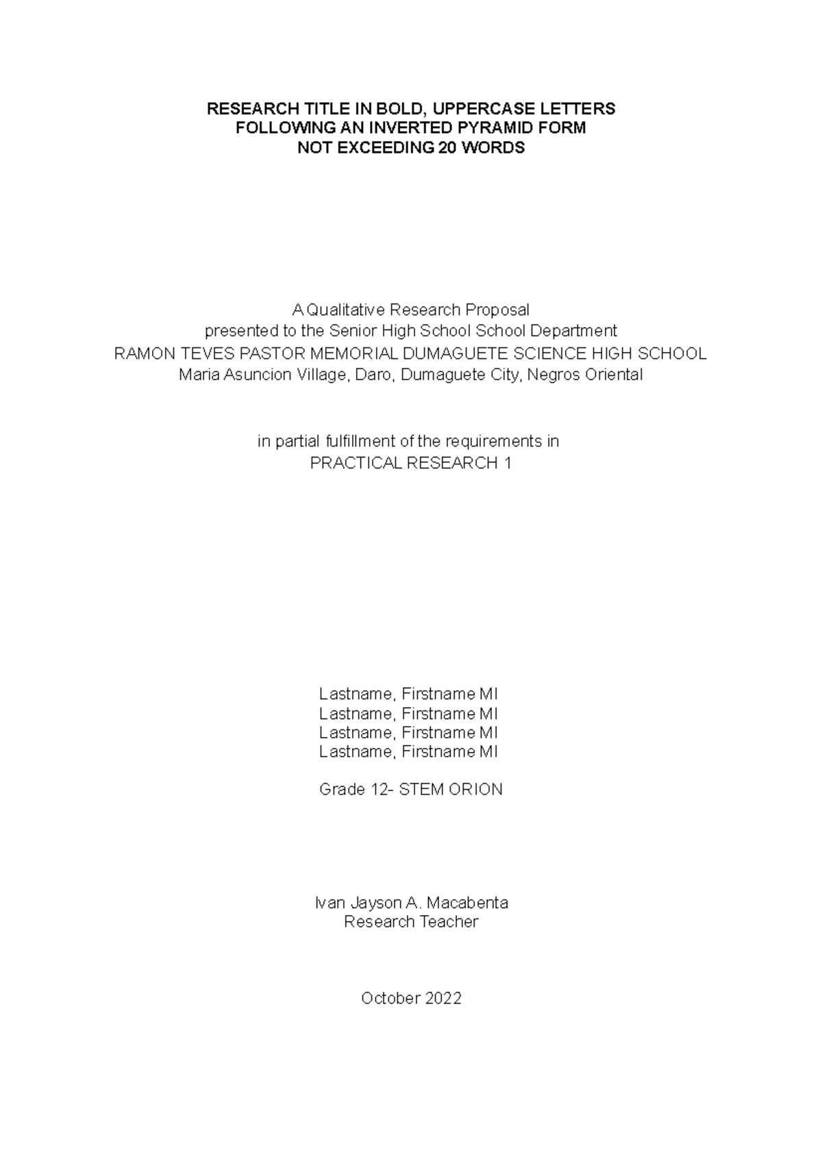 Paper format - RESEARCH TITLE IN BOLD, UPPERCASE LETTERS FOLLOWING AN ...