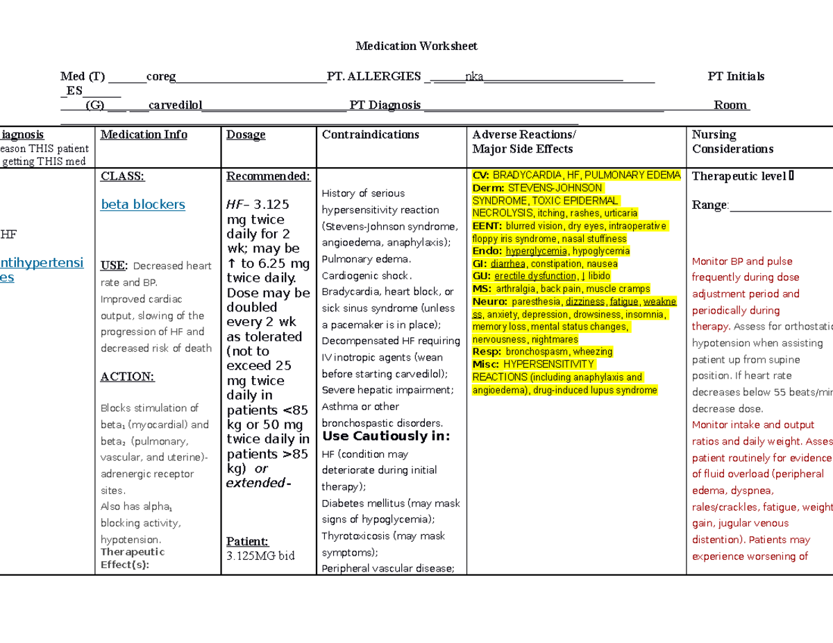Carvedilol MED Surge Medication Worksheet Med (T) coreg