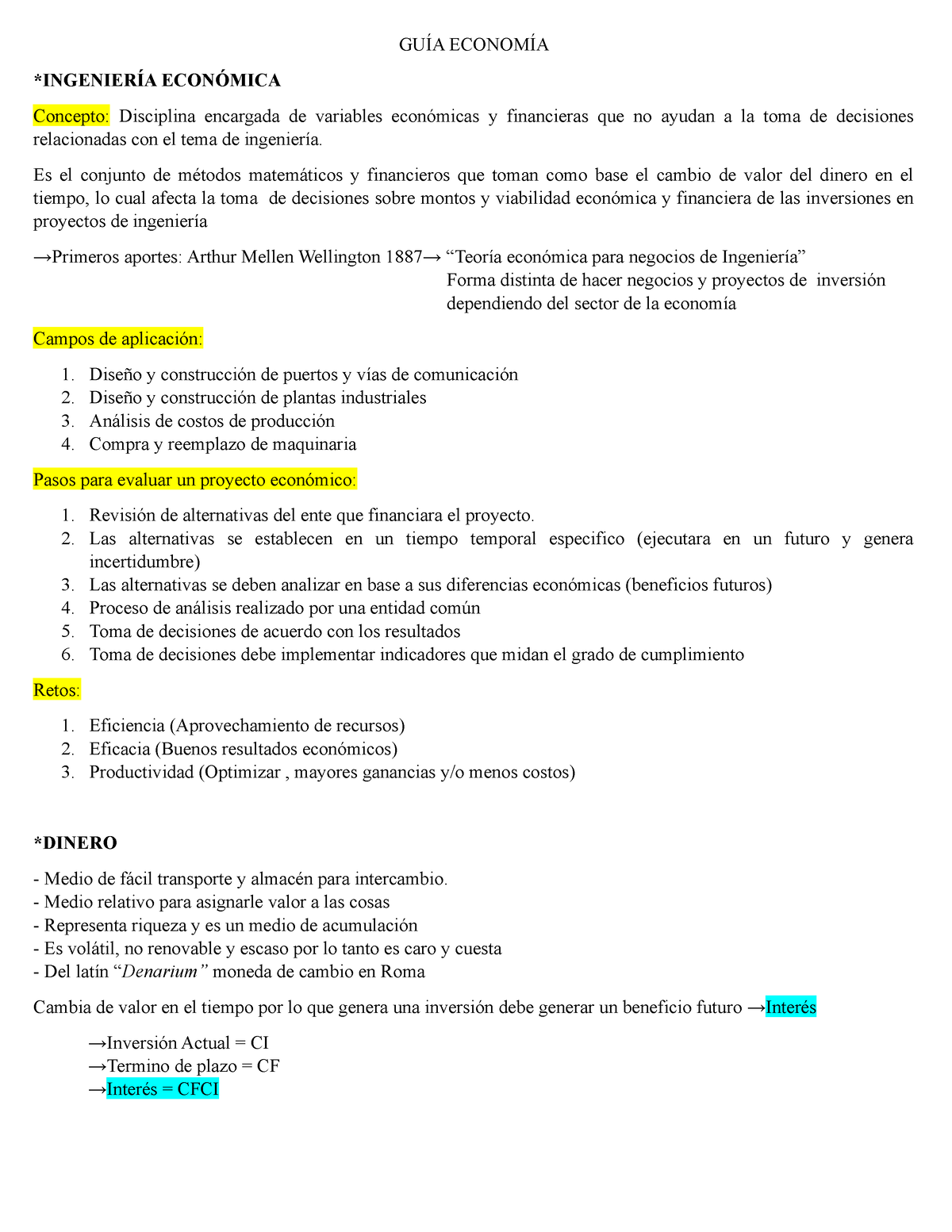 GUÍA Economía Primer Parcial - GUÍA ECONOMÍA *INGENIERÍA ECONÓMICA ...