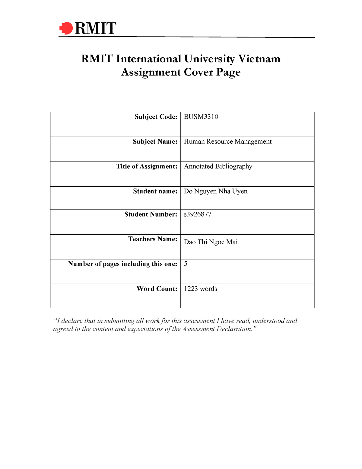 human resource management rmit assignment