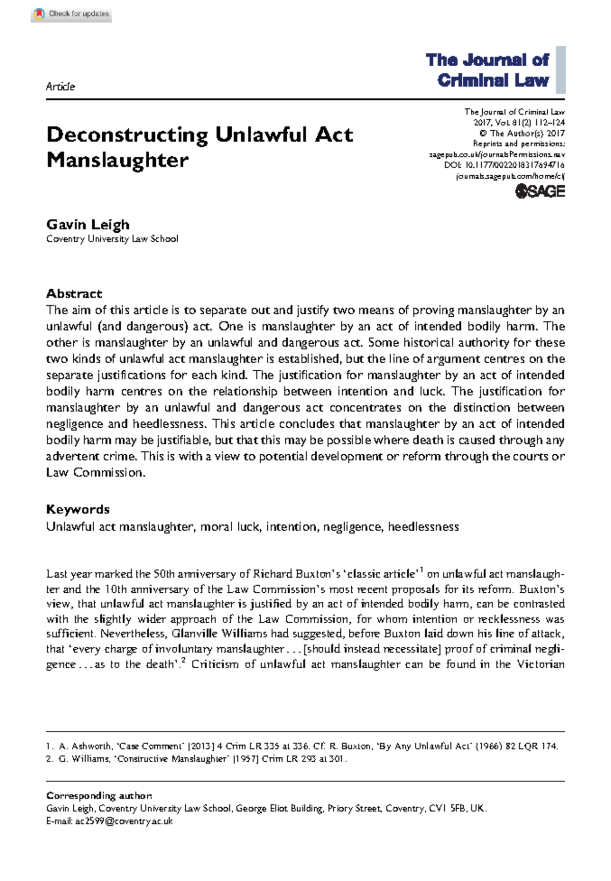 Leigh 2017 Unlawful Act Manslaughter Article Deconstructing Unlawful