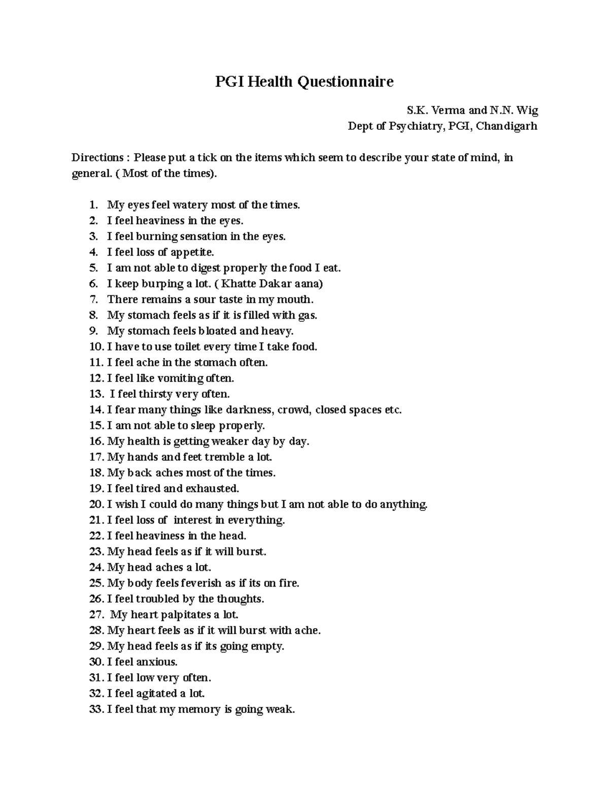 N 2 Assessment Tests with Scoring PGI Health Questionnaire S. Verma