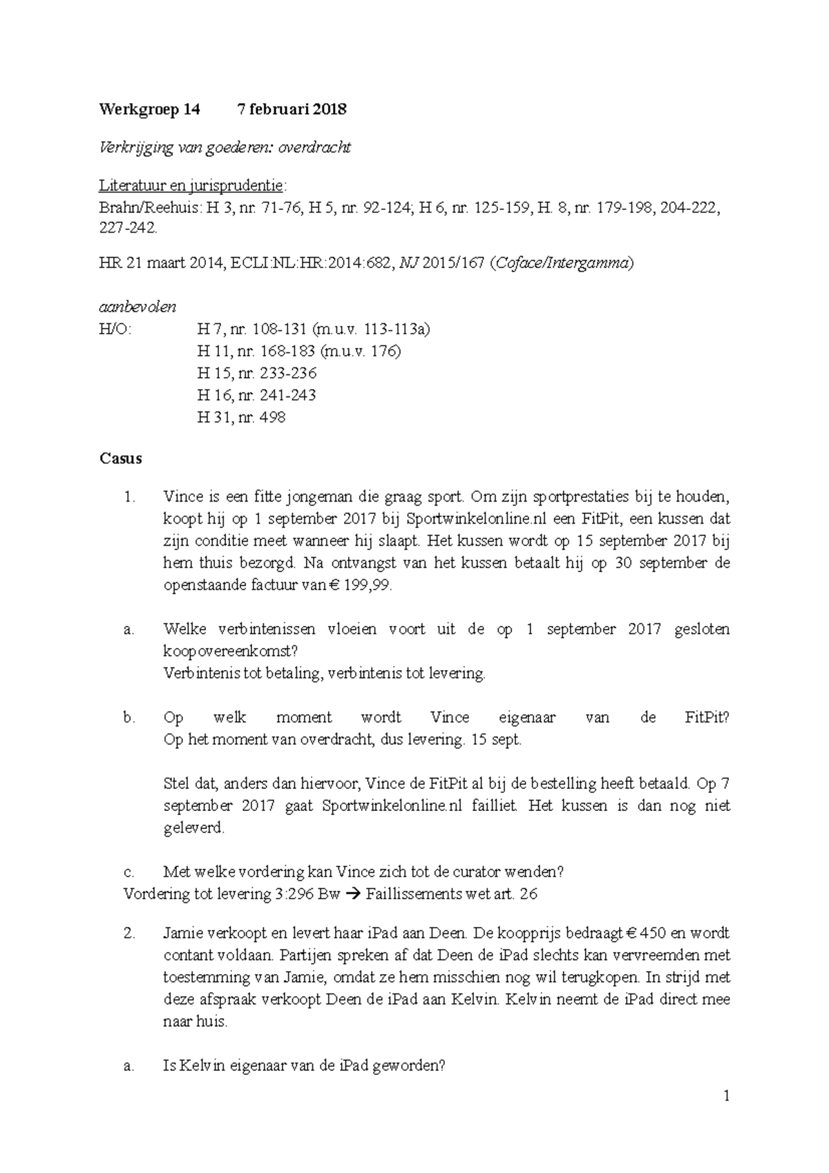 Werkgroepen Privaatrecht BLOK 3 (WG 14 Tm 19) - Werkgroep 14 7 Februari ...