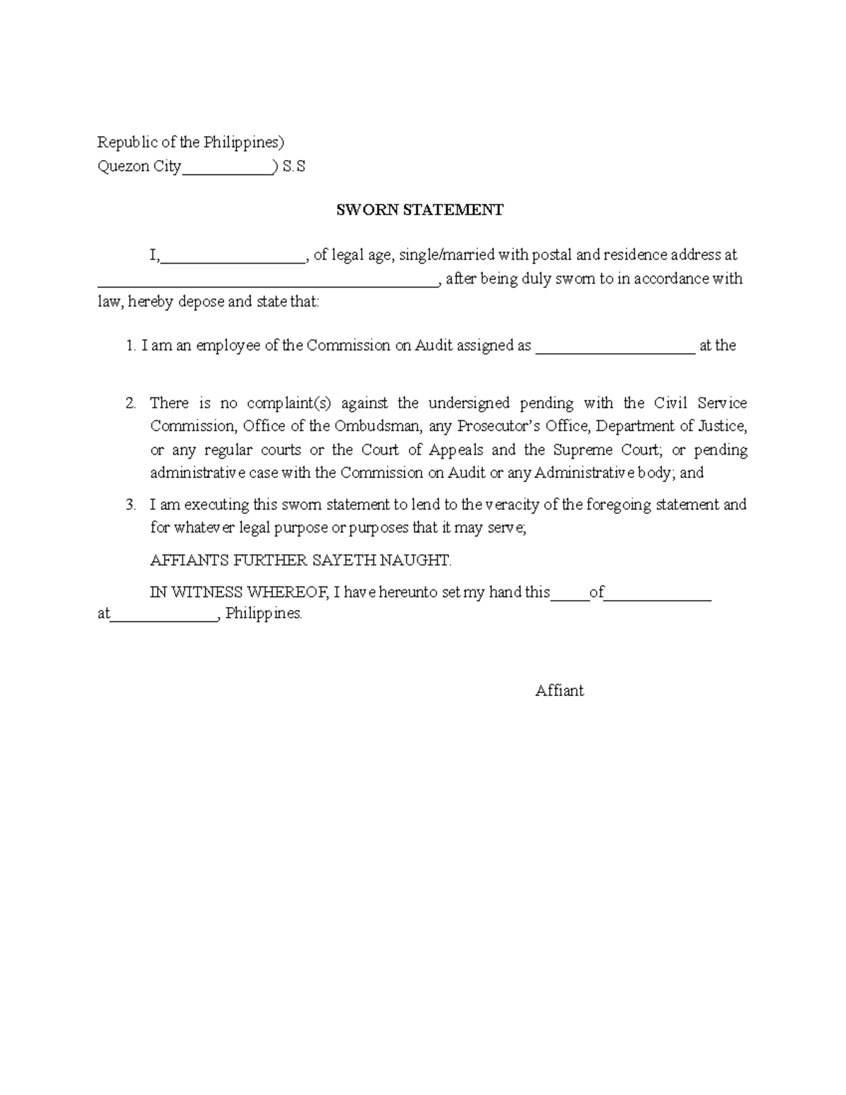 Sworn-Statement-Affidavit - Republic of the Philippines) Quezon City ...