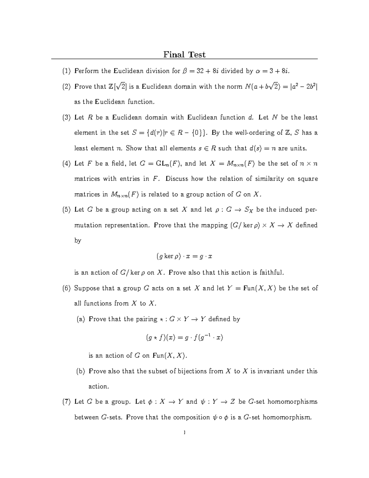 Final Test - Euclidean division - Final Test (1) Perform the Euclidean ...