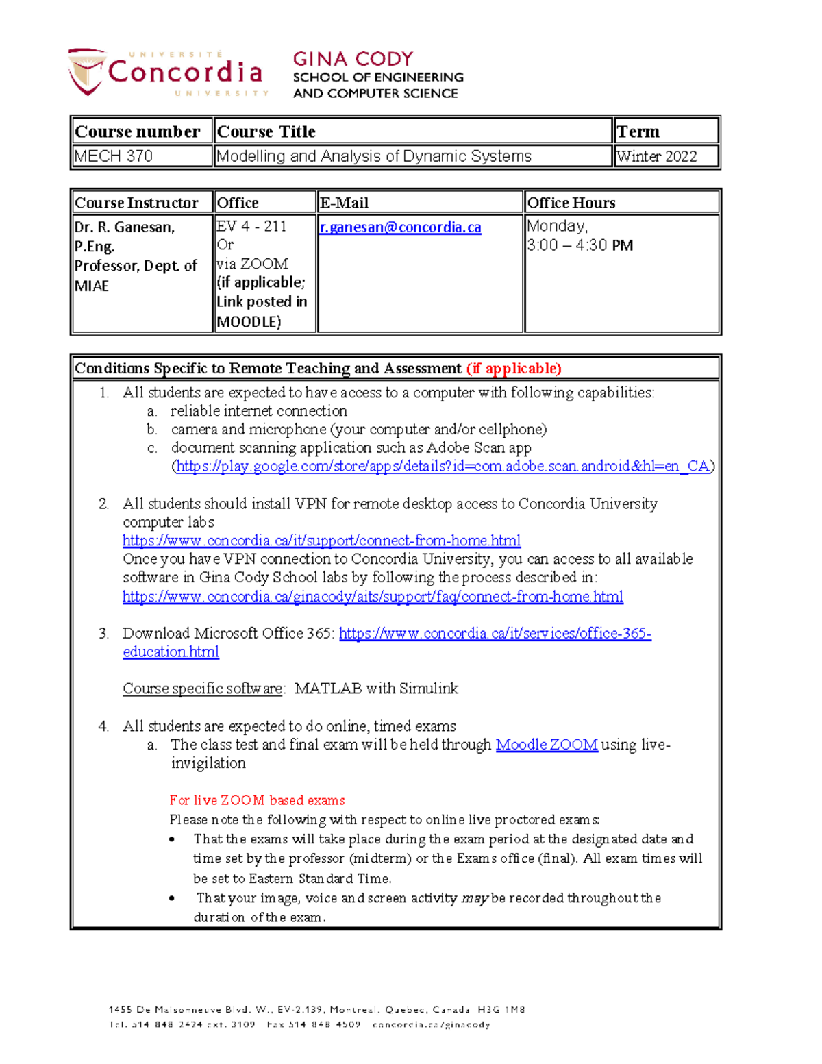 MECH 370 Winter 2022 Common Course Outline RG - Course Number Course ...