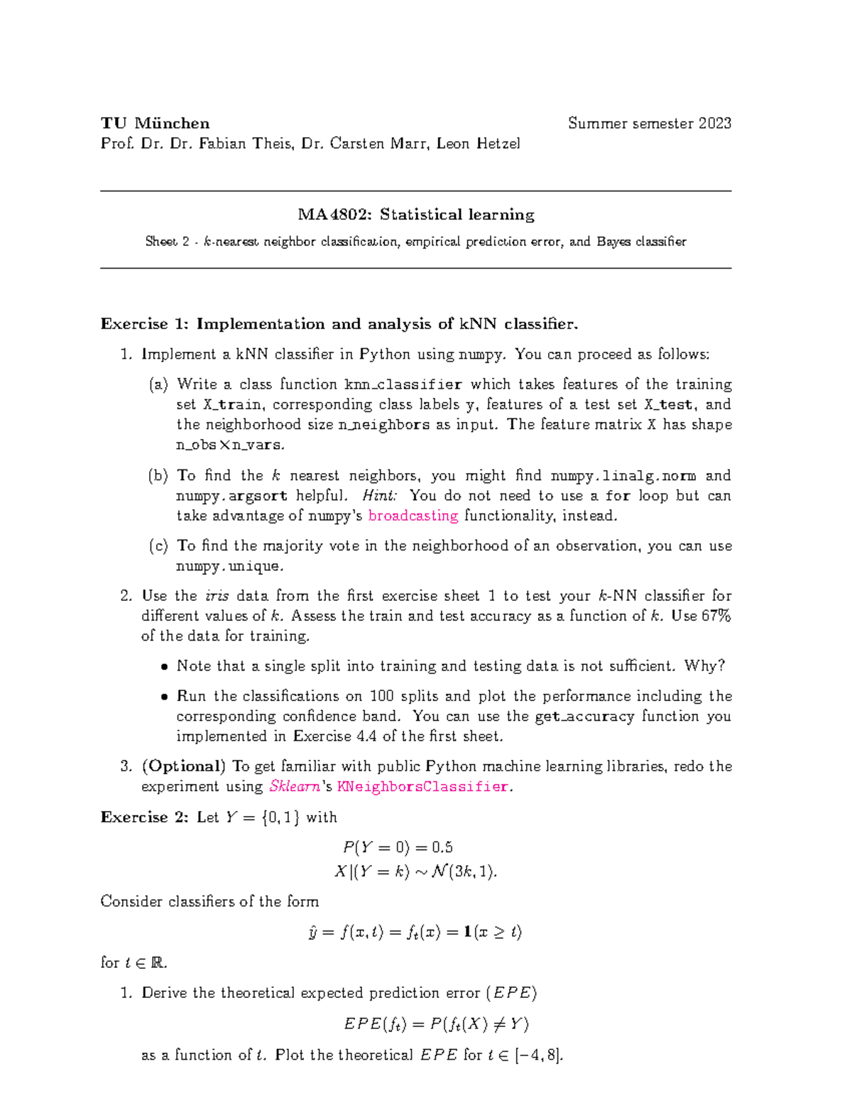 Statistical learning Exercise 2 - TUM - Studocu