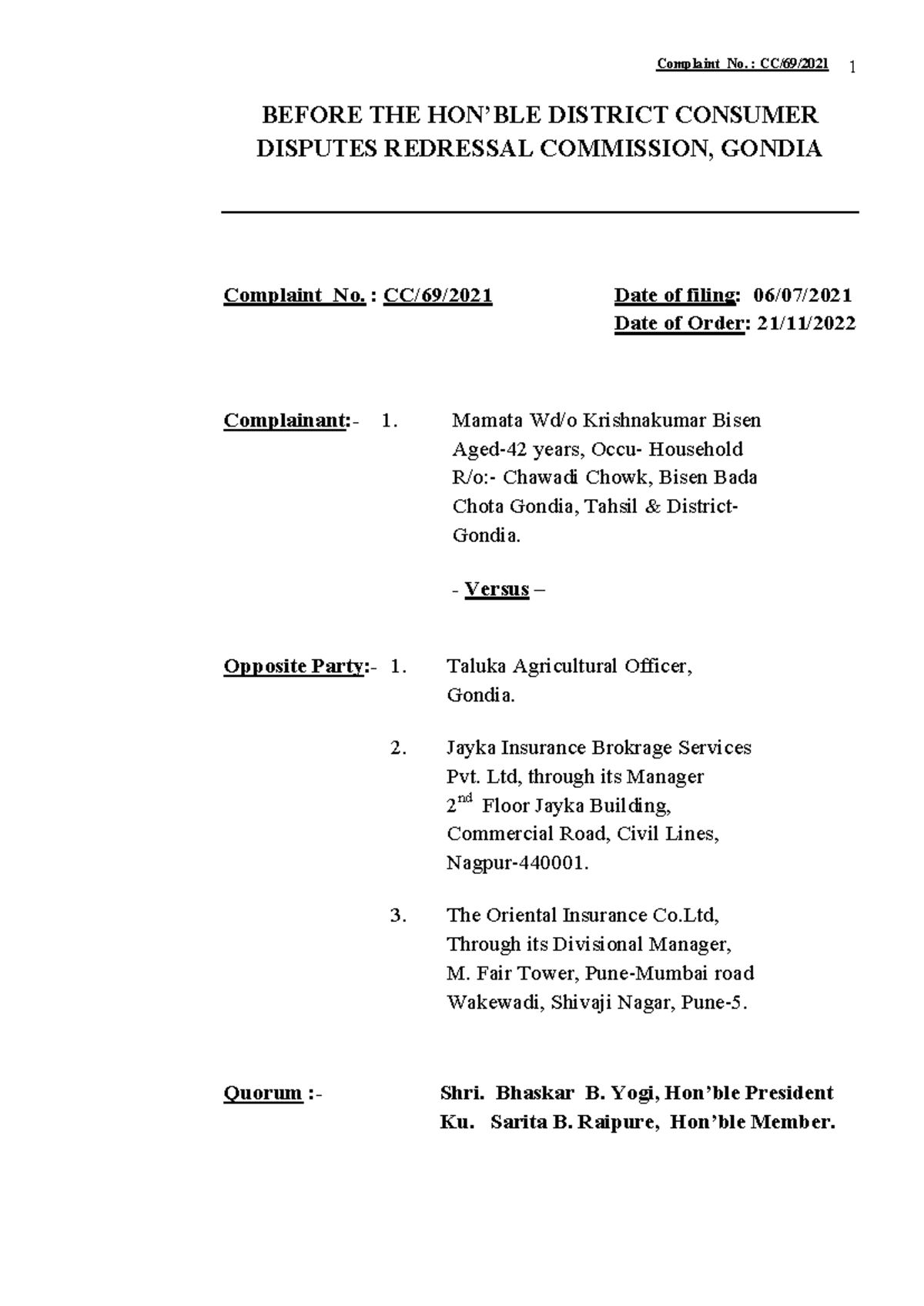 Judgement 2022-11-21 - BEFORE THE HON’BLE DISTRICT CONSUMER DISPUTES ...