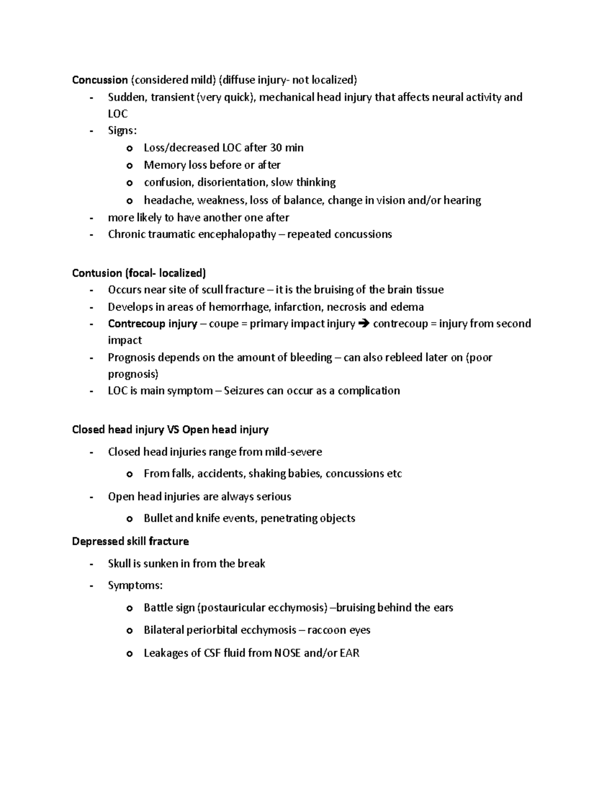 Last pages in 3rd exam - notes - Concussion (considered mild) (diffuse ...