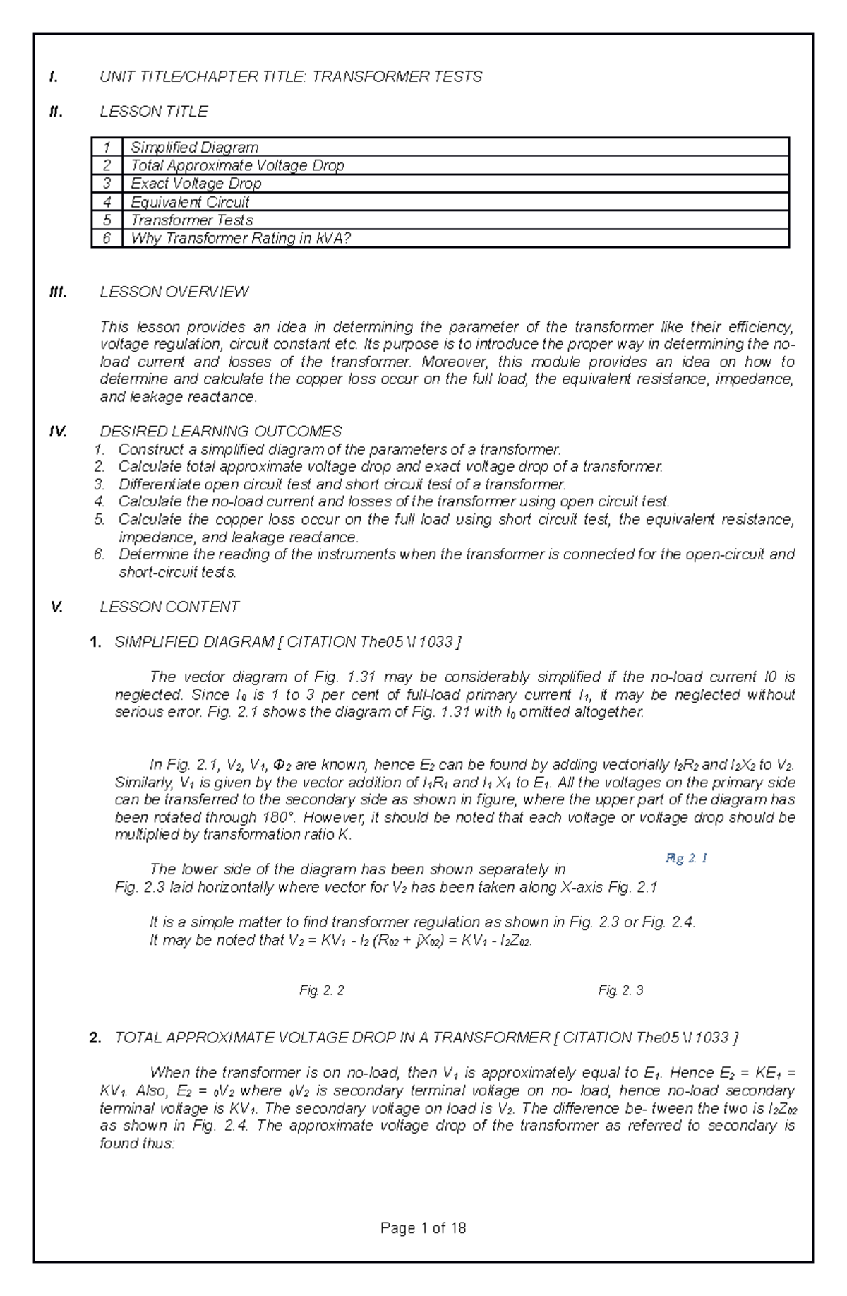 Electrical Transformers2 I. UNIT TITLE/CHAPTER TITLE TRANSFORMER
