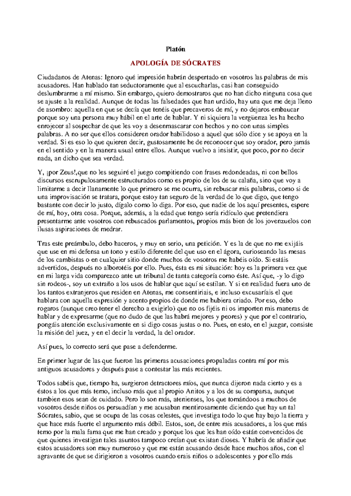Socrates-Apologia - Apología - Platón APOLOGÍA DE SÓCRATES Ciudadanos ...