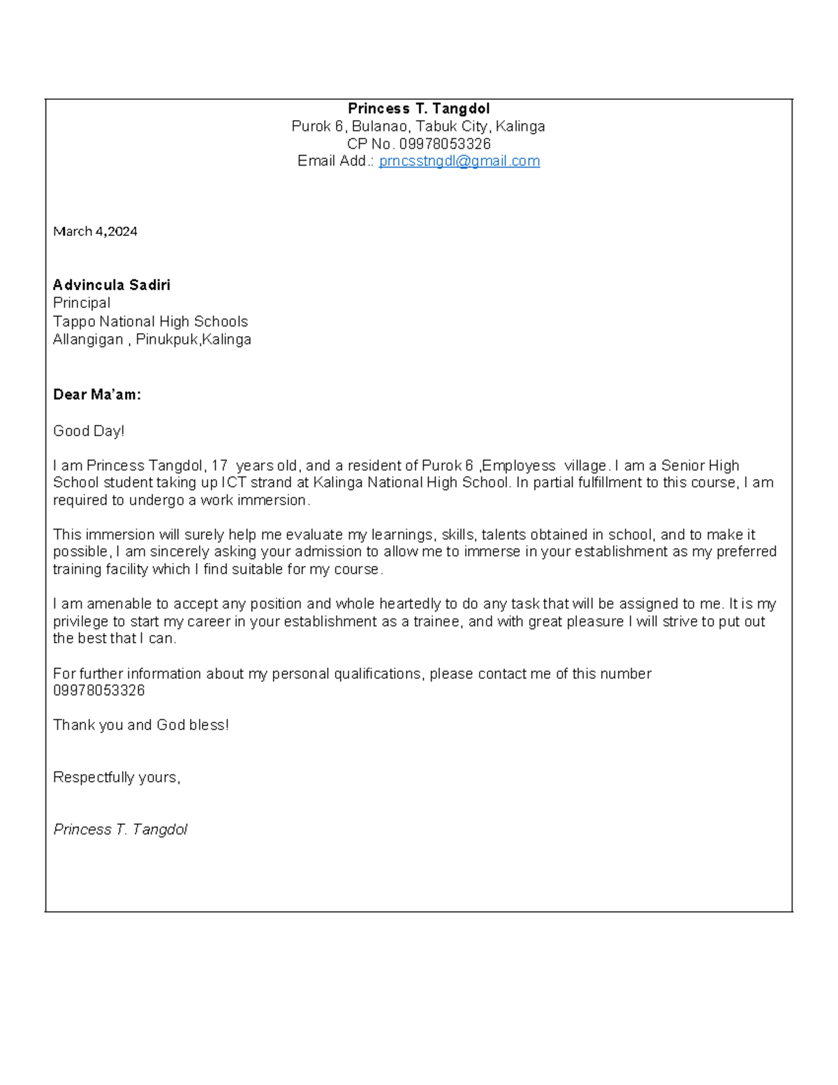 Immersion-Letter - aaaaa - Princess T. Tangdol Purok 6, Bulanao, Tabuk ...
