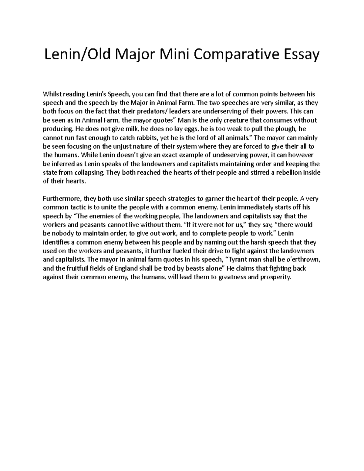 Compare Essay Done Lenin/Old Major Mini Comparative Essay Whilst