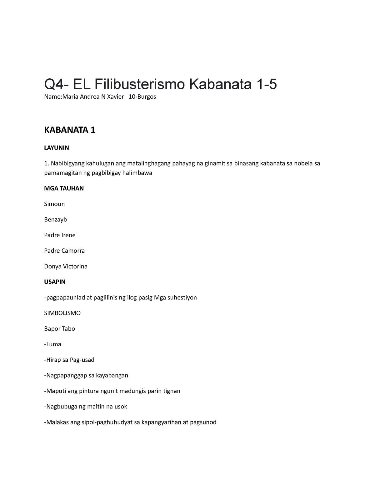 EL Filibusterismo Kabanata 1-5 - Q4- EL Filibusterismo Kabanata 1- Name ...