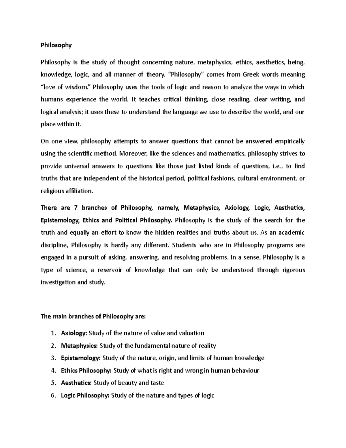 Philosophy Notes - Philosophy Philosophy is the study of thought ...