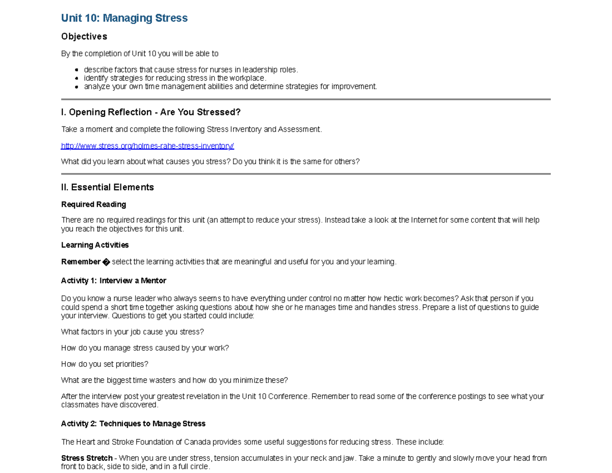 Unit 10 - Managing Stress - Unit 10: Managing Stress Objectives By The 