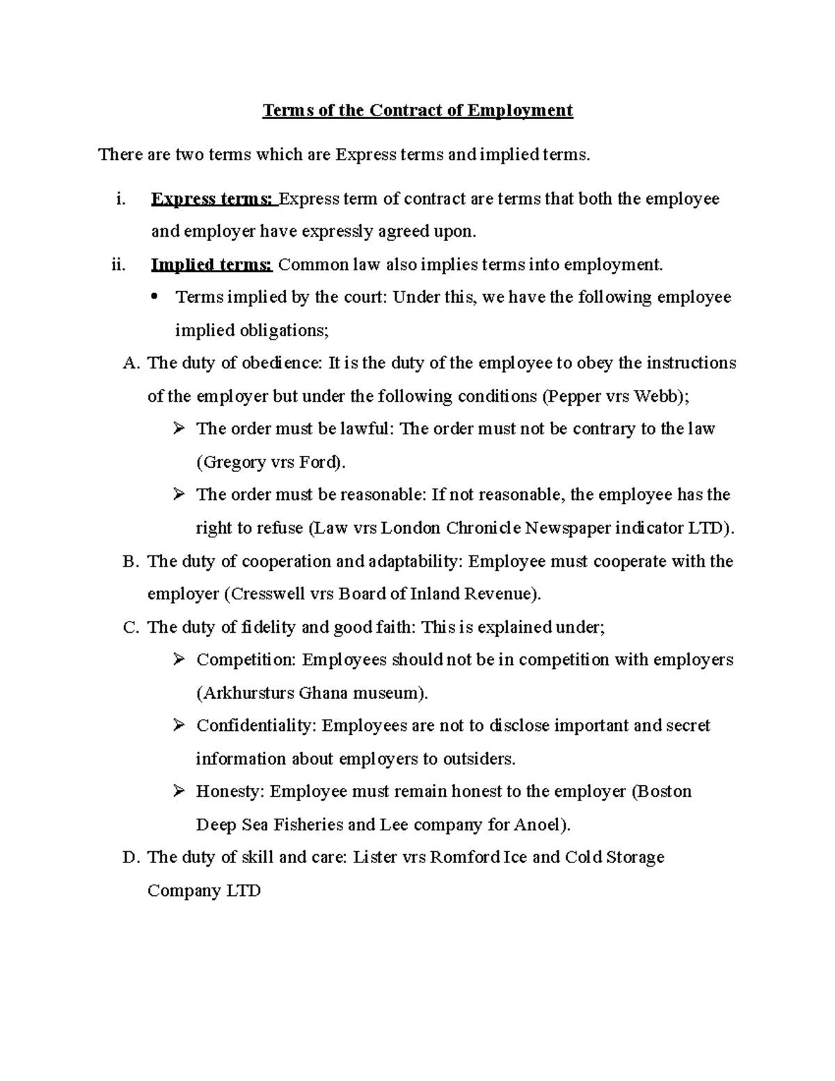 Terms Of The Contract Of Employment I Express Terms Express Term Of