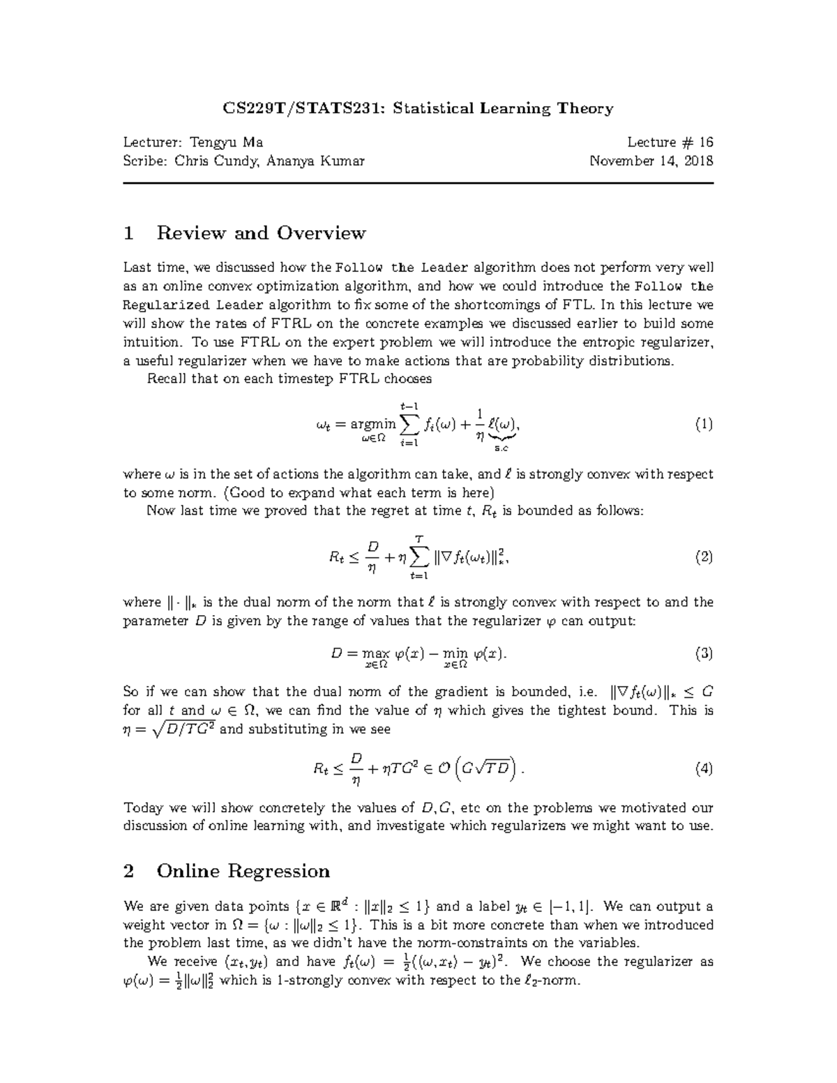 11 14 Final - Lecture Notes On Statistical Learning Theory - CS229T ...