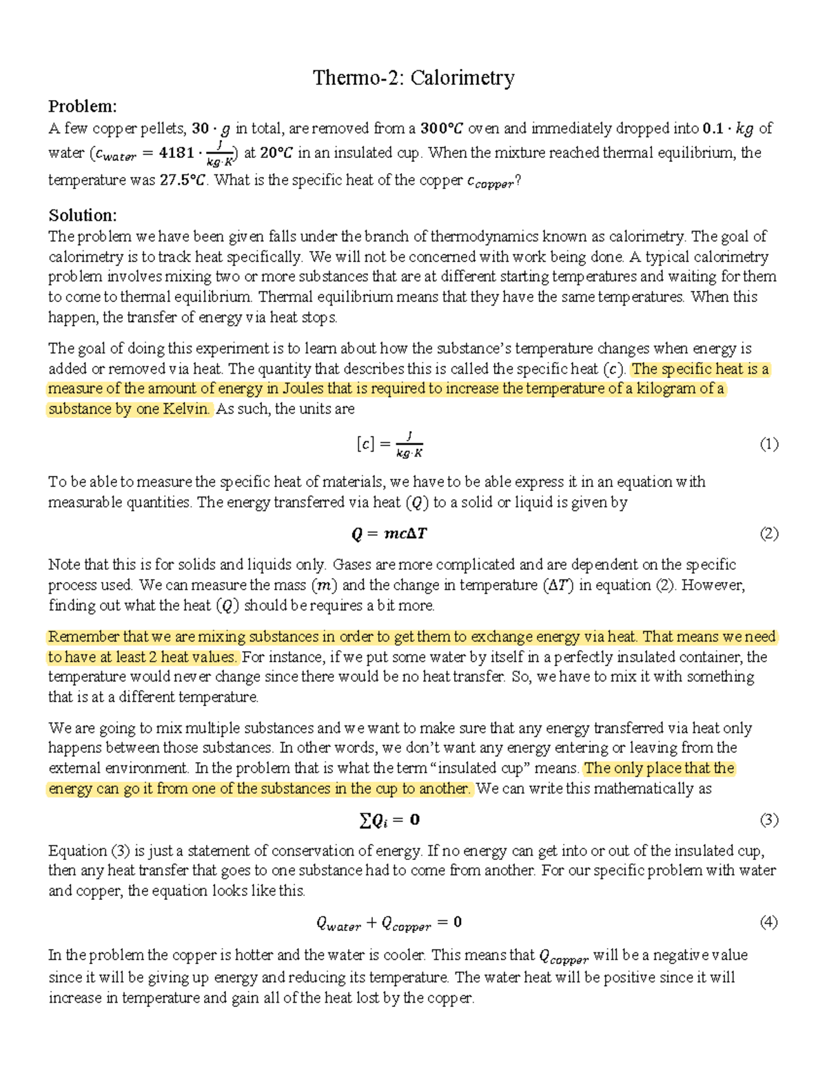 4 Thermo-2 Calorimetry final - Thermo-2: Calorimetry Problem: A few ...