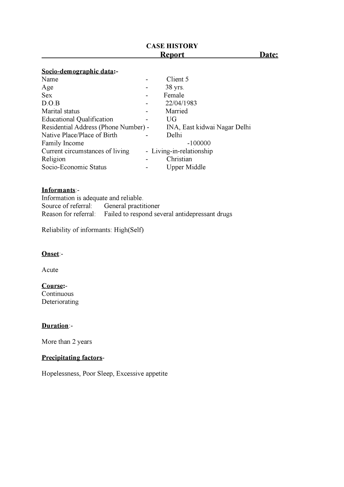 CASE History Format CASE CASE HISTORY Report Date Socio 