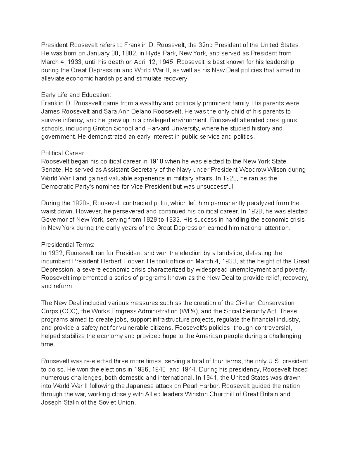 President roosevelt ESSAY SUMMARY President Roosevelt refers to