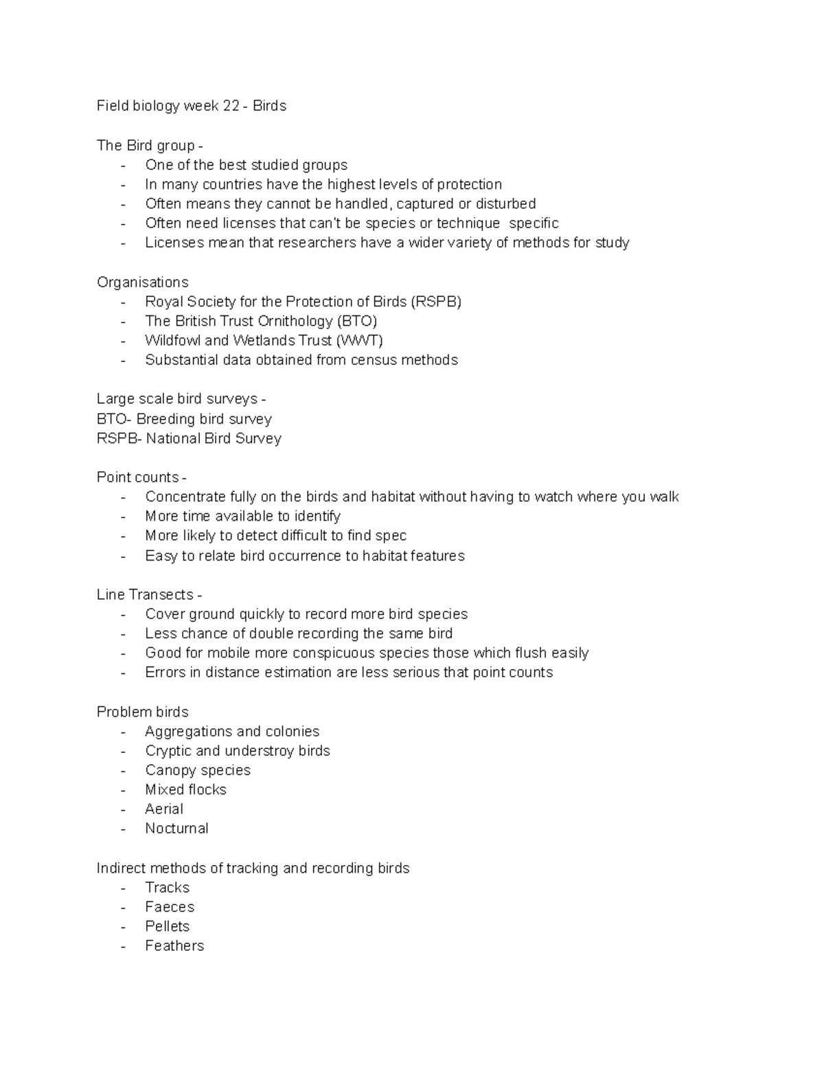 Field bio week 22 Lecture notes 22 Field biology week 22 Birds