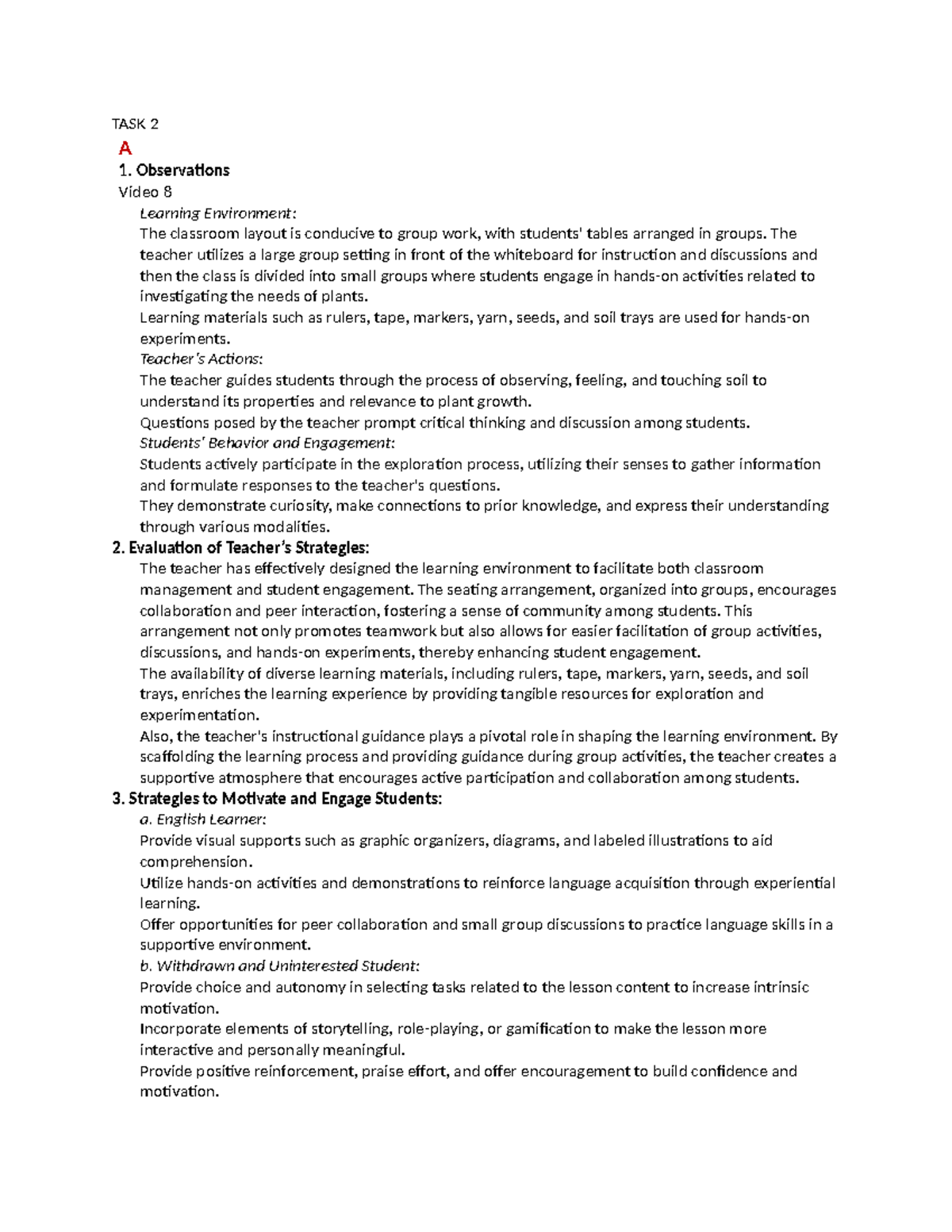 TASK 2-D095 - PASSED - TASK 2 A Observations Video 8 Learning ...