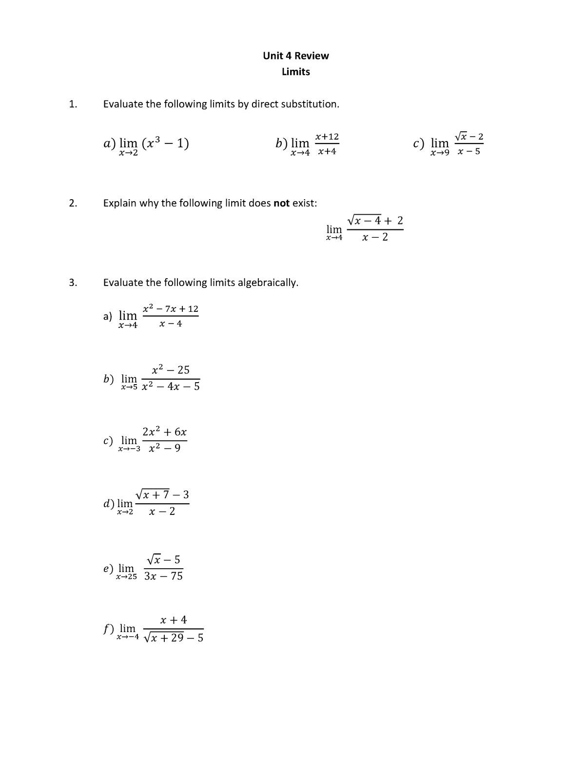 Unit 4 Review (Limits) - Lecture notes 4 - Unit 4 Review Limits ...