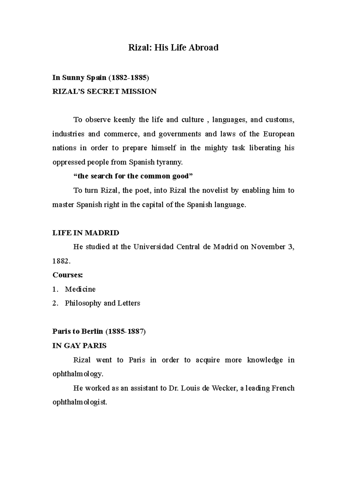 Rizal's Life in Abroad Rizal His Life Abroad In Sunny Spain (1882