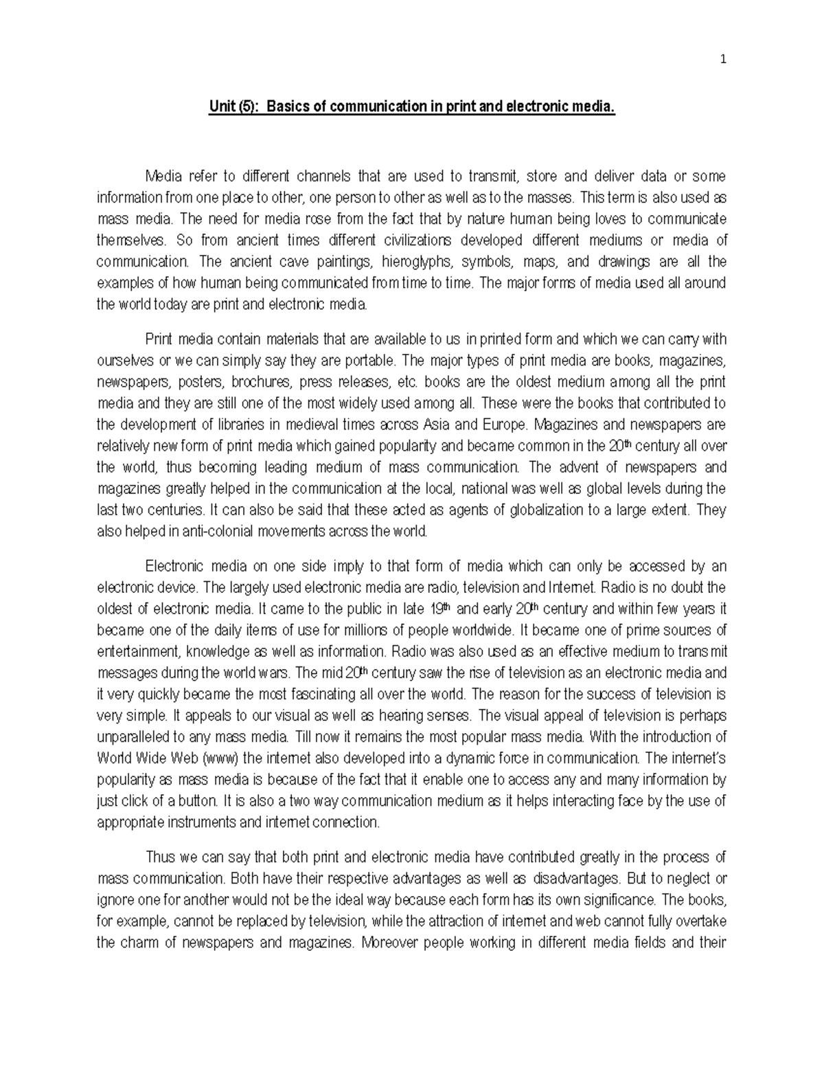 Basics of print media 1 Unit (5) Basics of communication in print