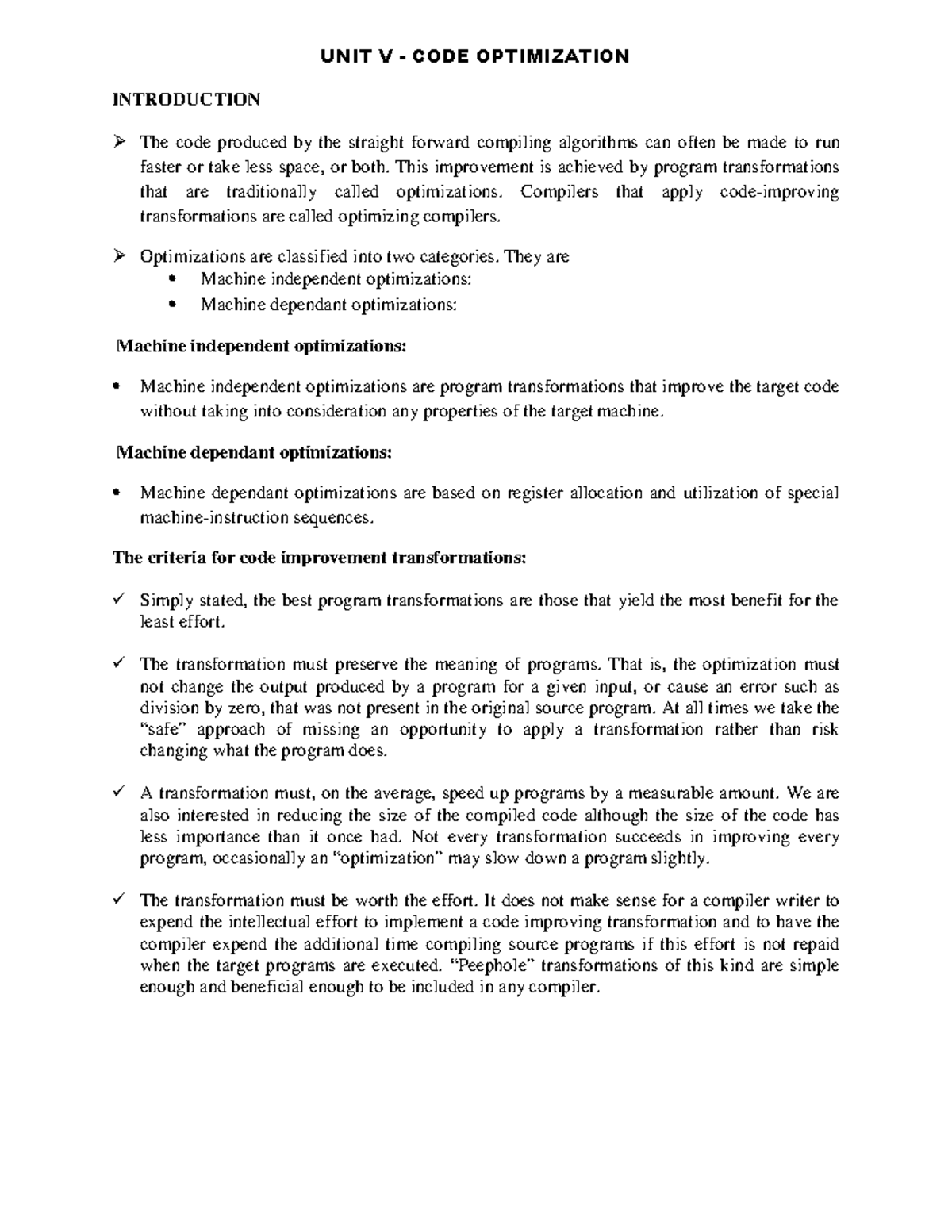 Unit-5 Code Optimization - INTRODUCTION The code produced by the - Studocu
