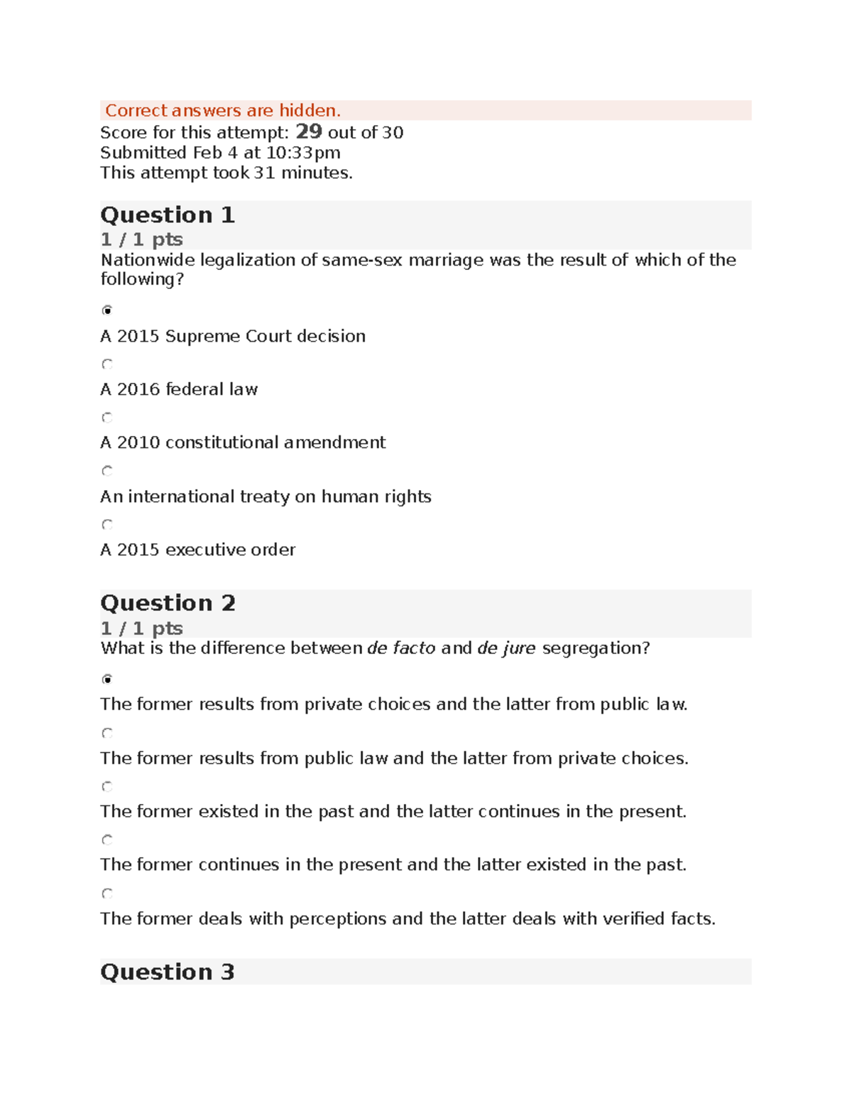 Civil Rights Quiz course work Score for this attemptCorrect