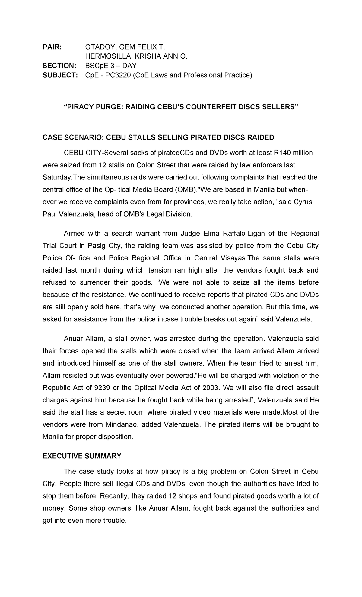 Optical Media Act of 2003 Case Study PAIR OTADOY, GEM FELIX T