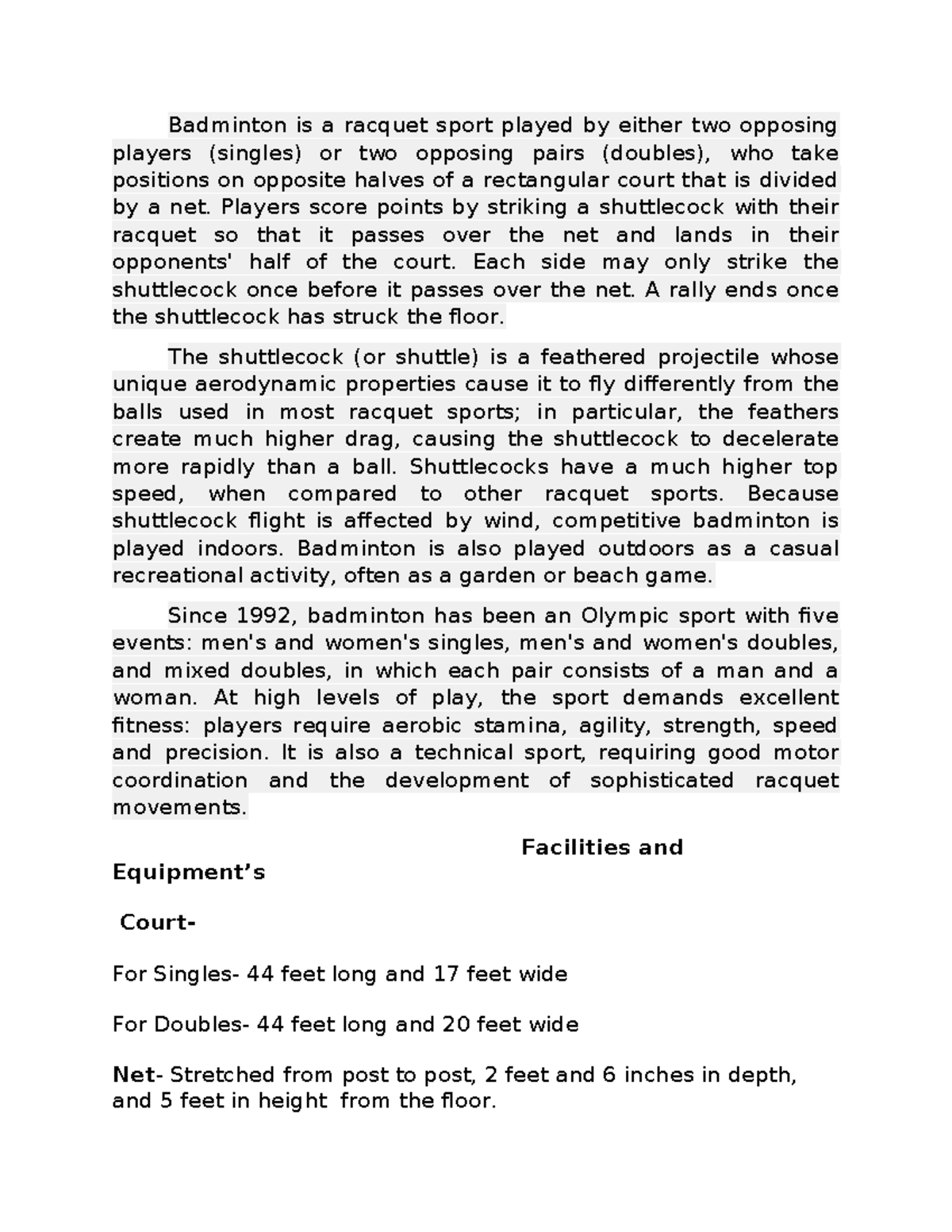 Notes(PE Sports) - Badminton is a racquet sport played by either two ...
