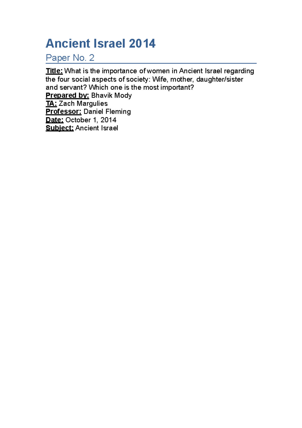 Ancient Israel paper 2 - bhavik mody - Ancient Israel 2014 Paper No. 2 ...
