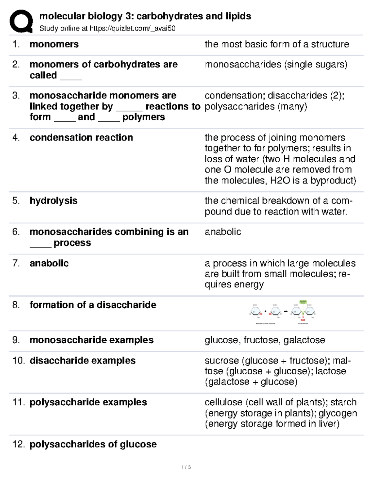 molecular biology - Study online at quizlet/_avai monomers the most ...