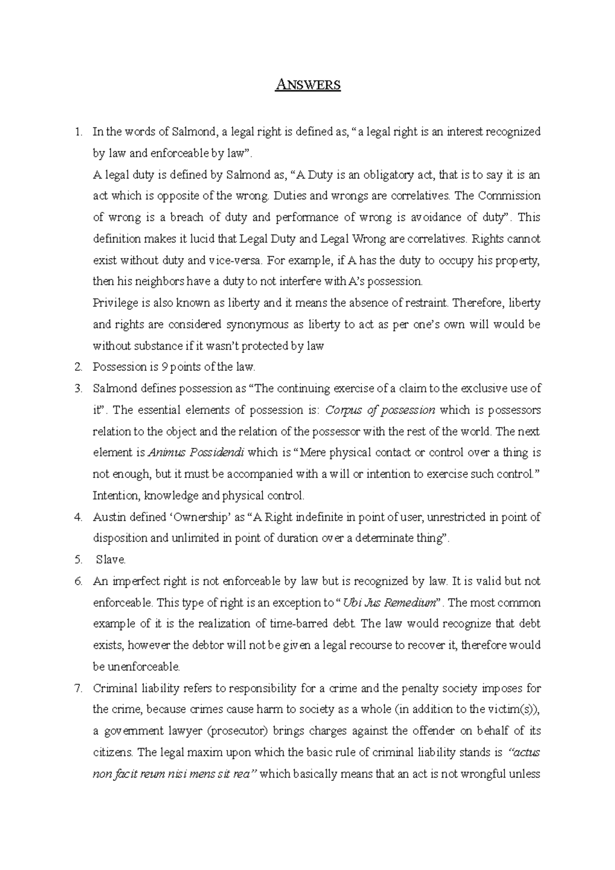 2001 0324060 Jursprudence Tutorial 2 Answer Script ANSWERS In the words of Salmond, a legal
