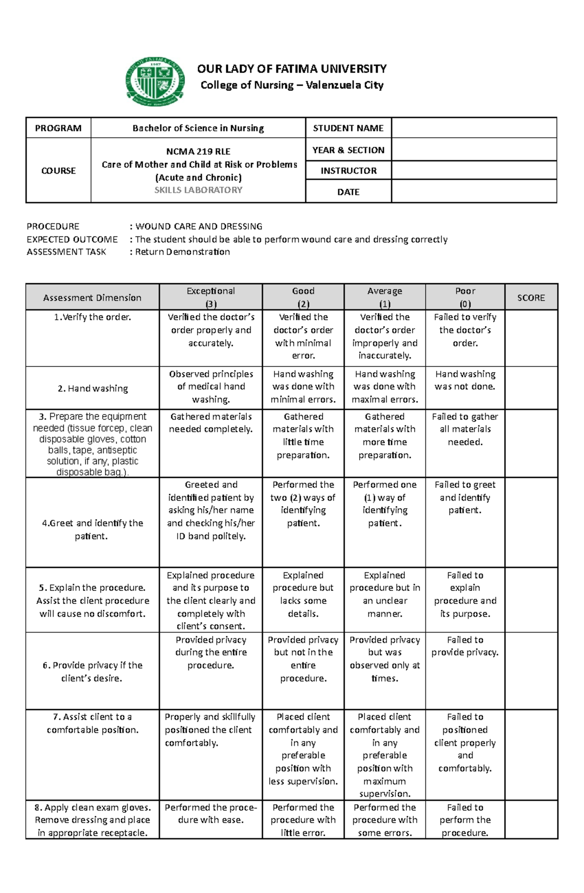 Rubrics Wound Care and Dressing - OUR LADY OF FATIMA UNIVERSITY College ...