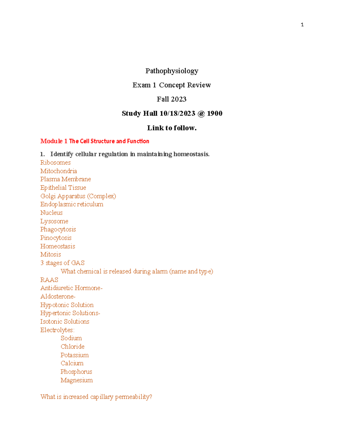 Exam 1 Concept Review - Fall 2023 - Pathophysiology Exam 1 Concept ...
