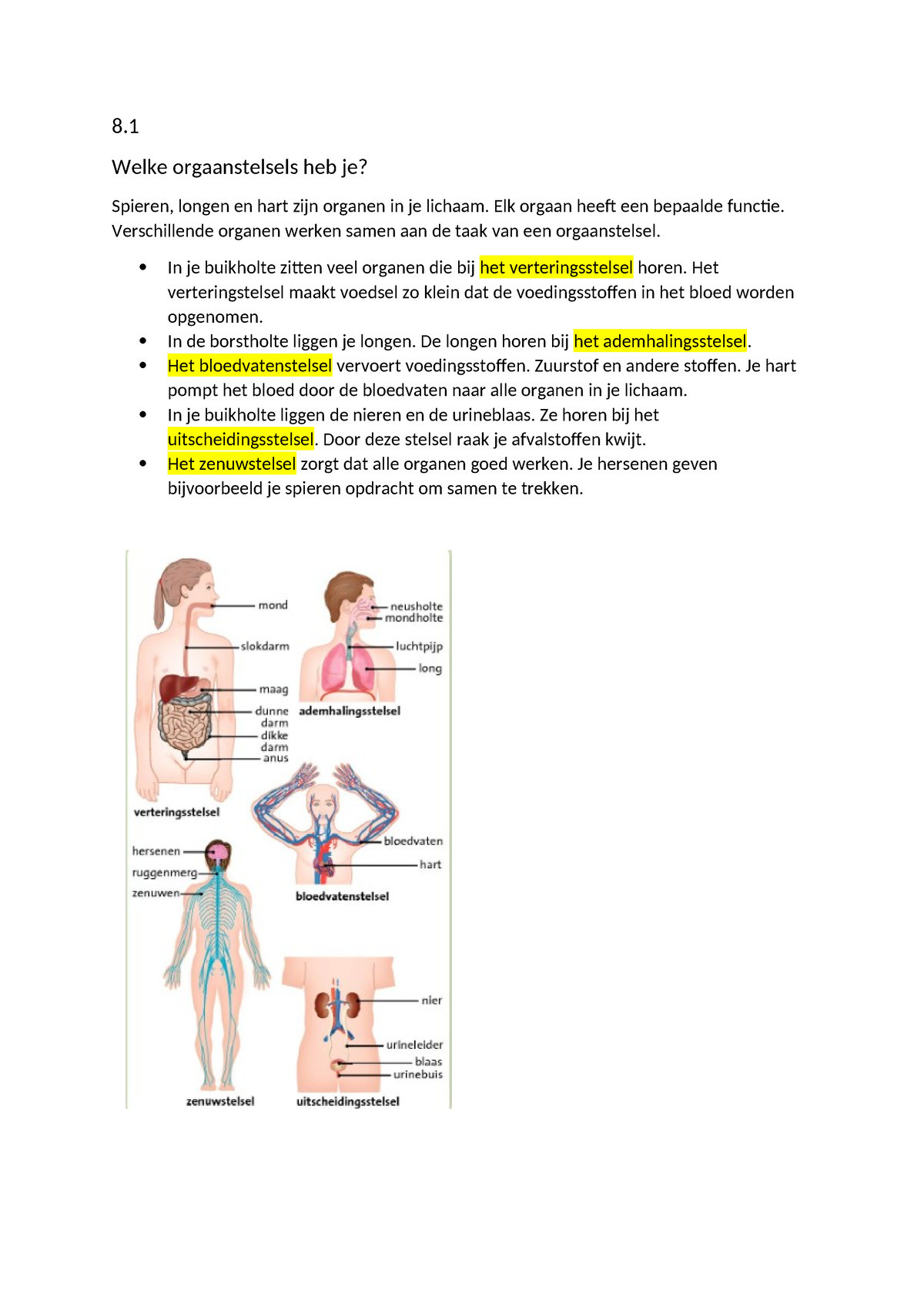 Biologie Samenvatting Hoofdstuk 8 - 8. Welke Orgaanstelsels Heb Je ...