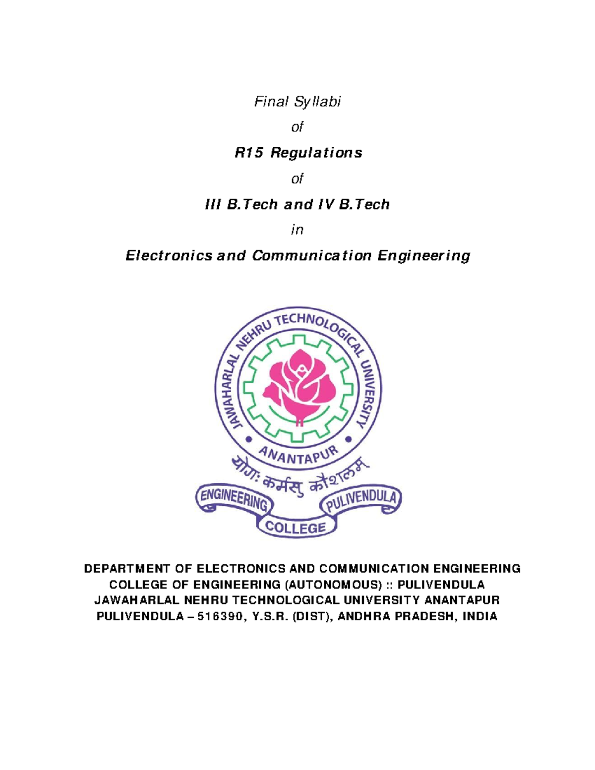 Btech Ece Syllabus For R15 Regulation - Final Syllabi Of R15 Regulati ...