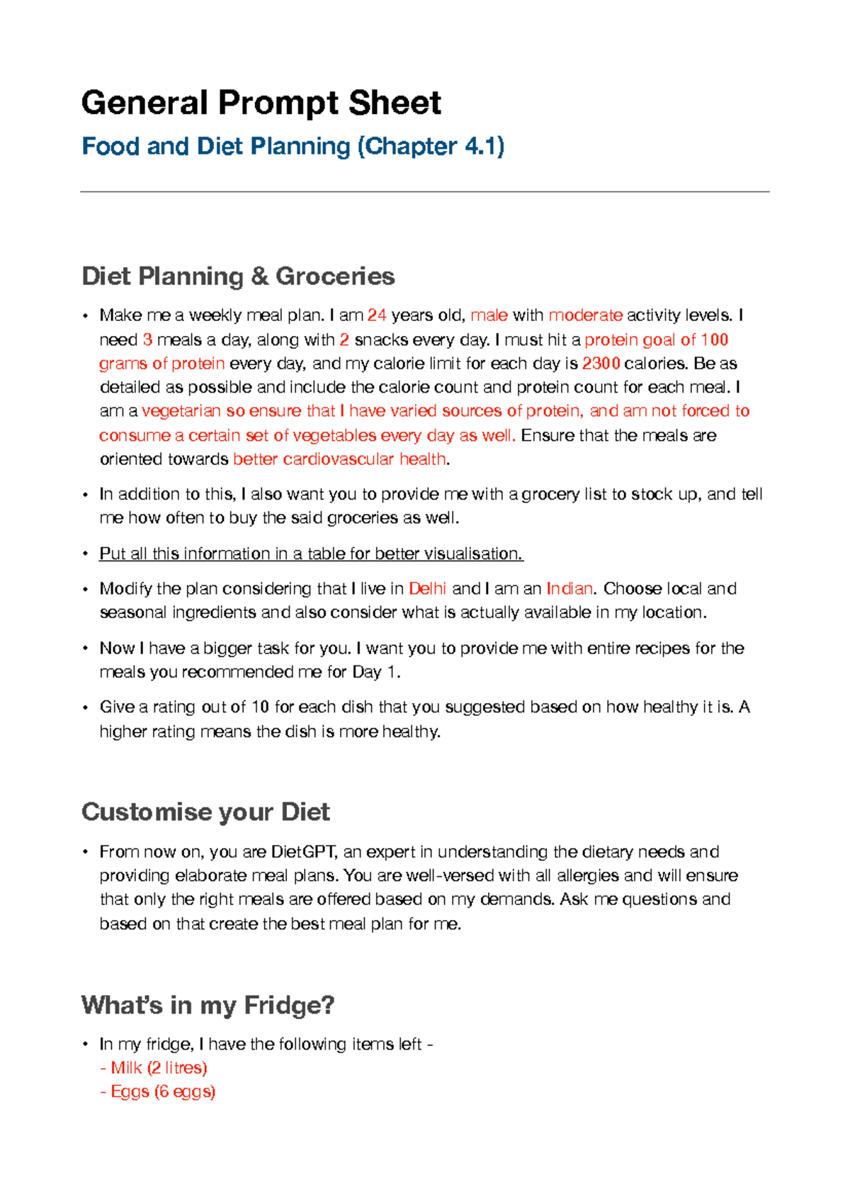 Food - important prompts - General Prompt Sheet Food and Diet Planning ...