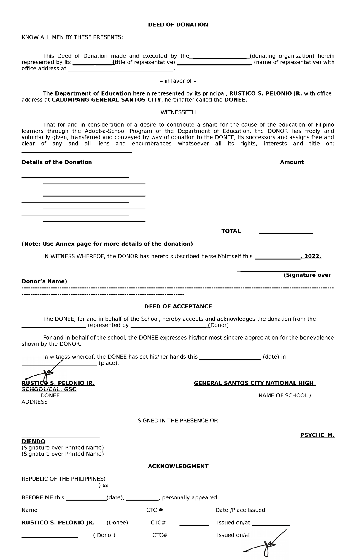 DEED OF Donation Blank - DEED OF DONATION KNOW ALL MEN BY THESE ...