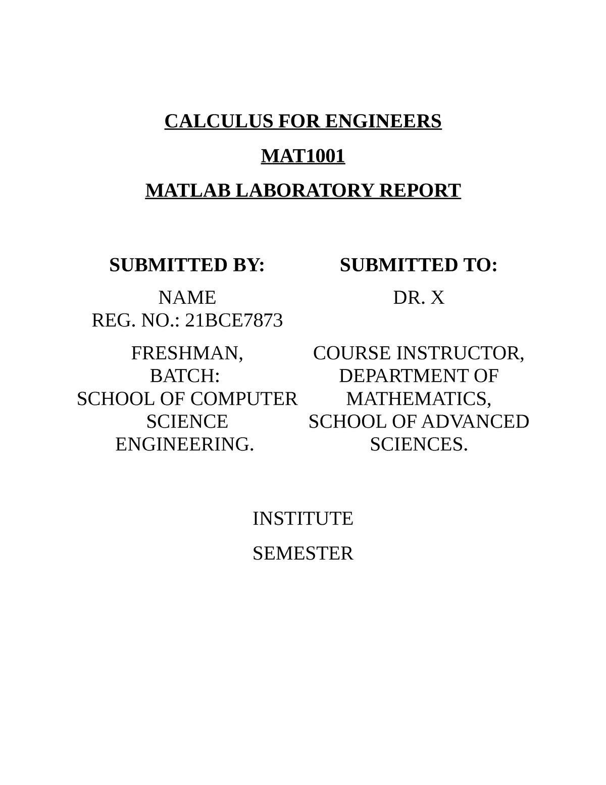 MAT1001 LAB SEMESTER - Calculus For Engineers - VIT - Studocu