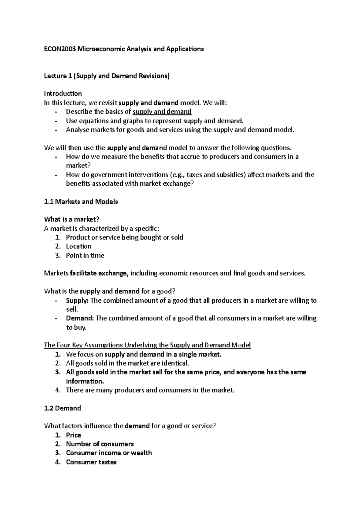 ECON2003 Microeconomic Analysis and Applications - We will: - Describe ...
