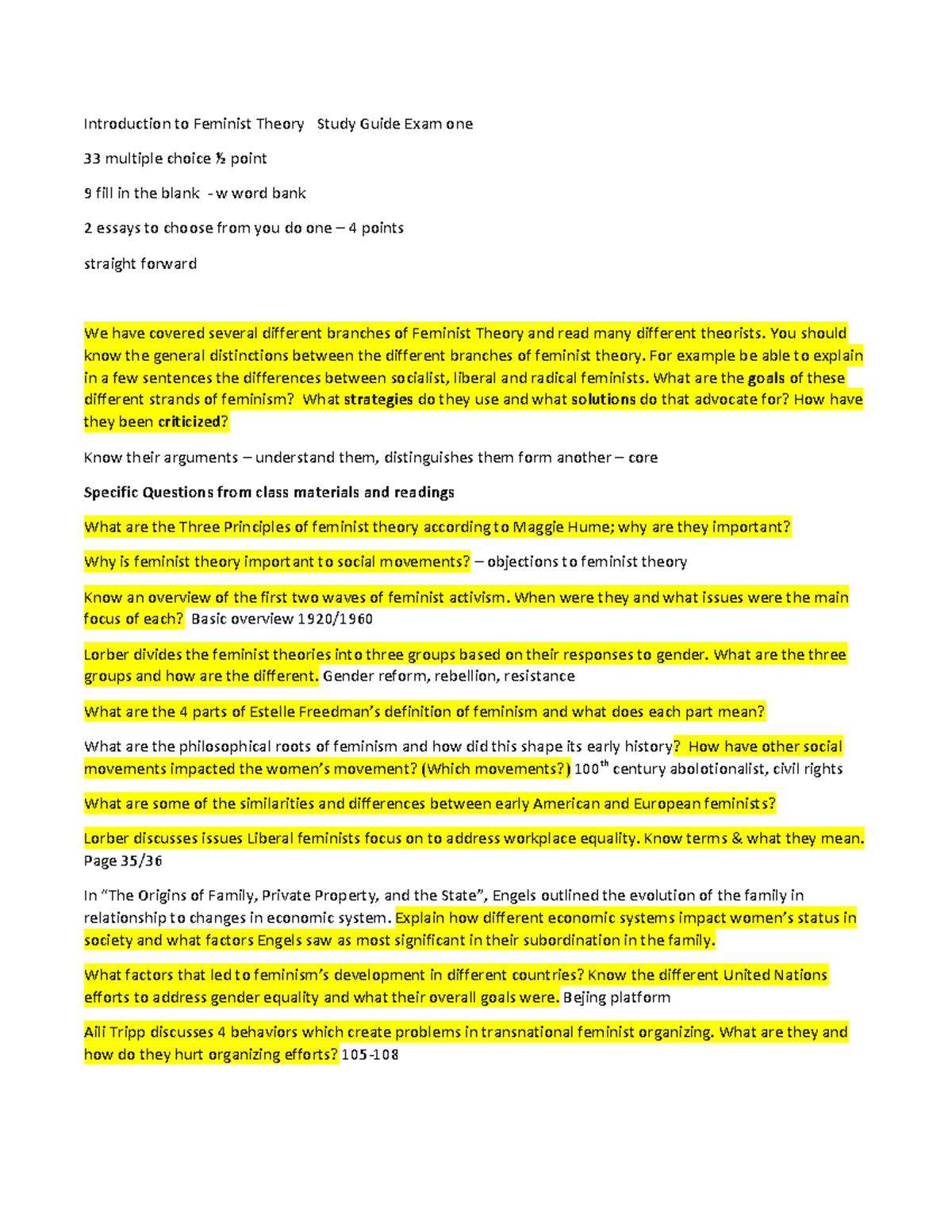 WOMS216+exam+one+study+guide+2017 - Introduction to Feminist Theory ...