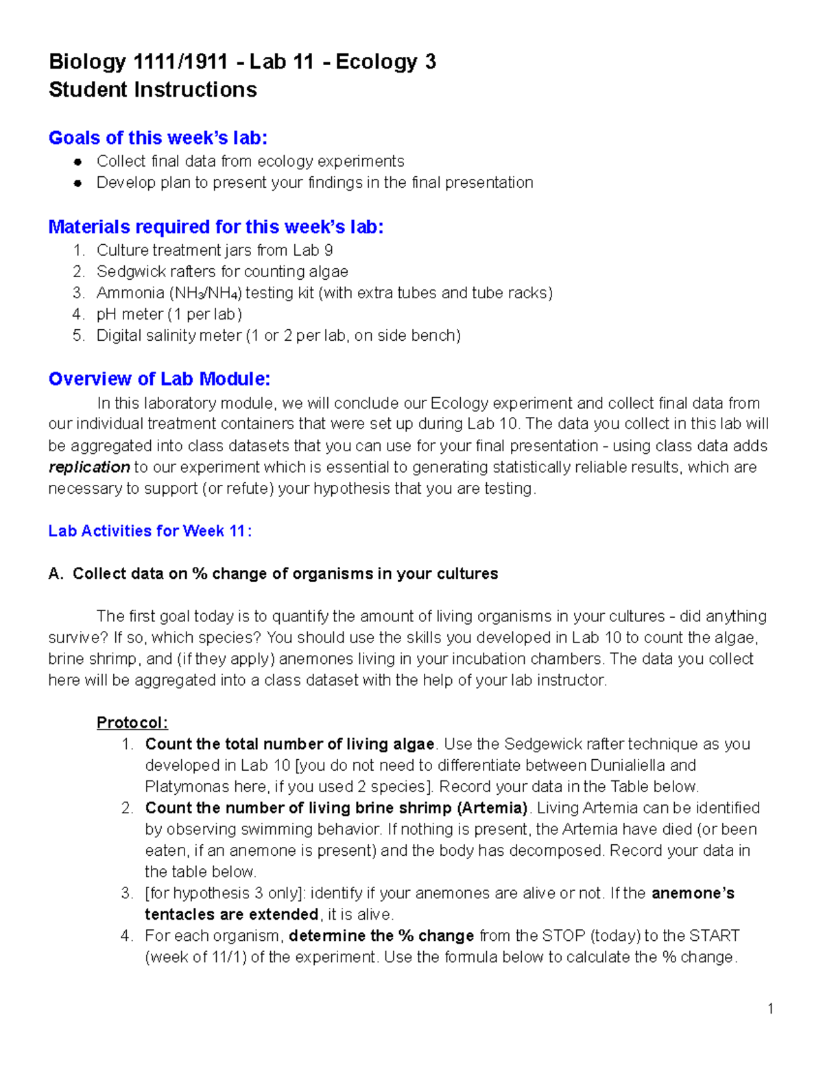 Lab 11 Ecology 3 Biology 1111/1911 Lab 11 Ecology 3 Student