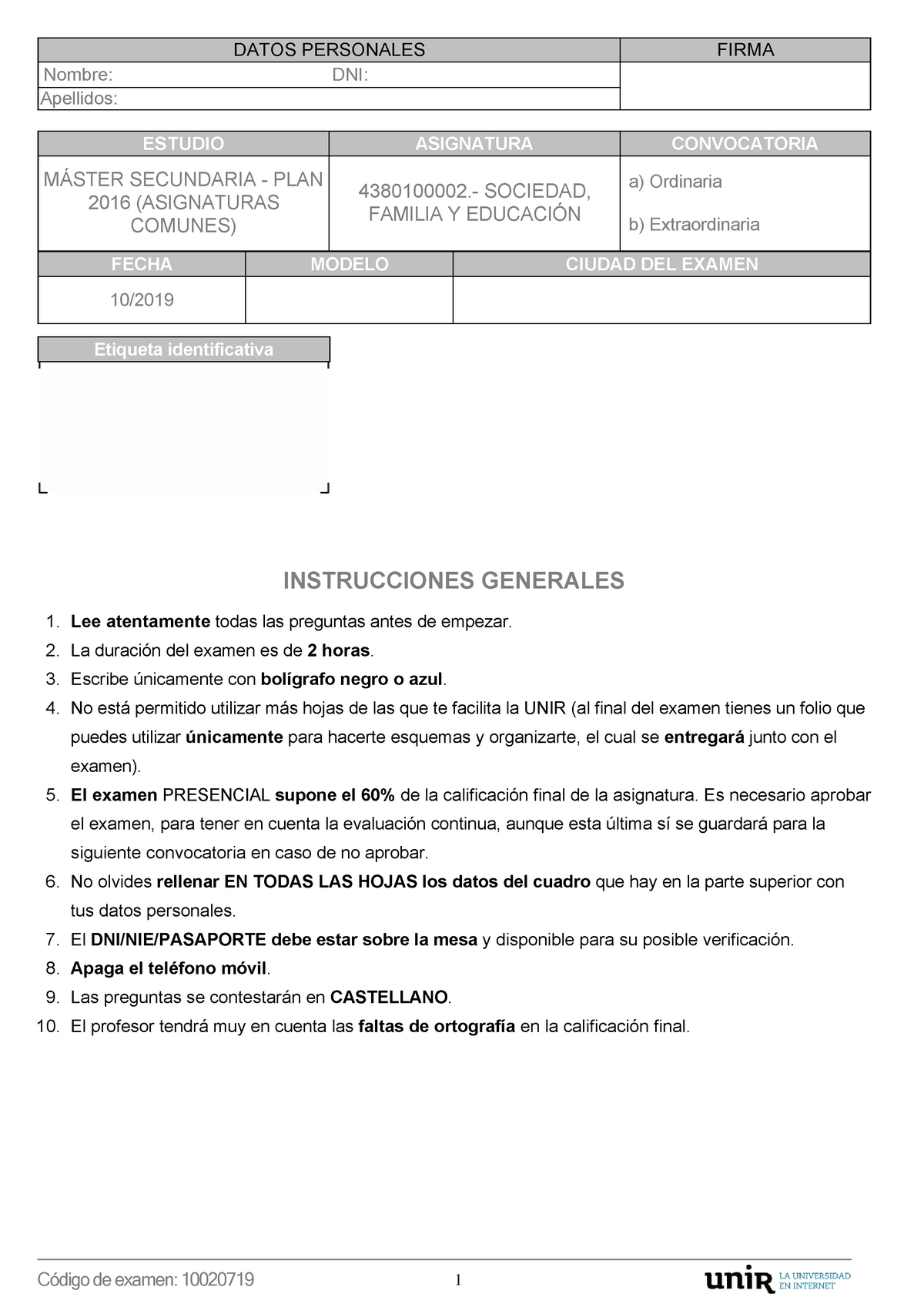 Modelo de examen - ESTUDIO ASIGNATURA CONVOCATORIA MÁSTER SECUNDARIA - PLAN  2016 (ASIGNATURAS - Studocu