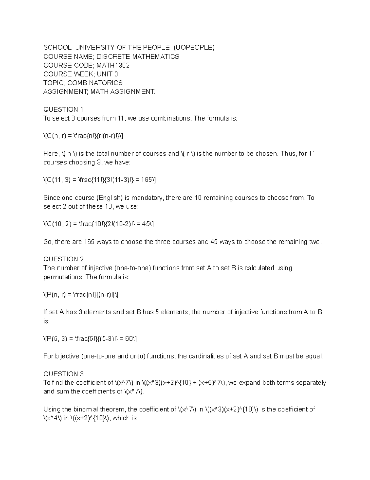 Unit 3 math assignment - Discrete math, math 1302. Unit 3, topics ...